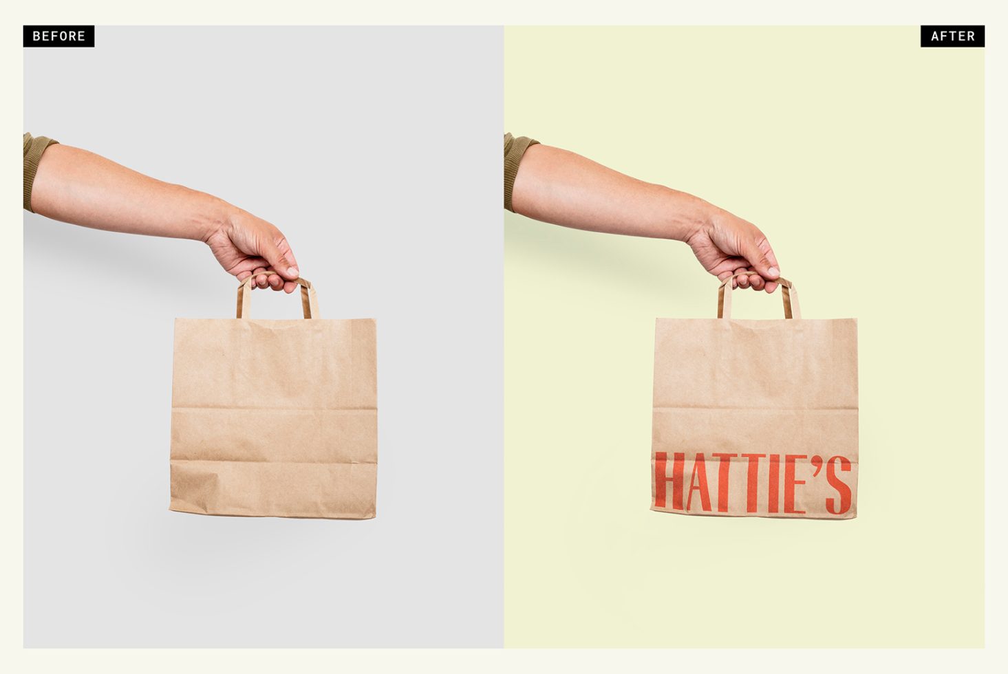 Paper bag mockup with changeable logo held by a hand, showing before and after branding, perfect for designers to display logos.